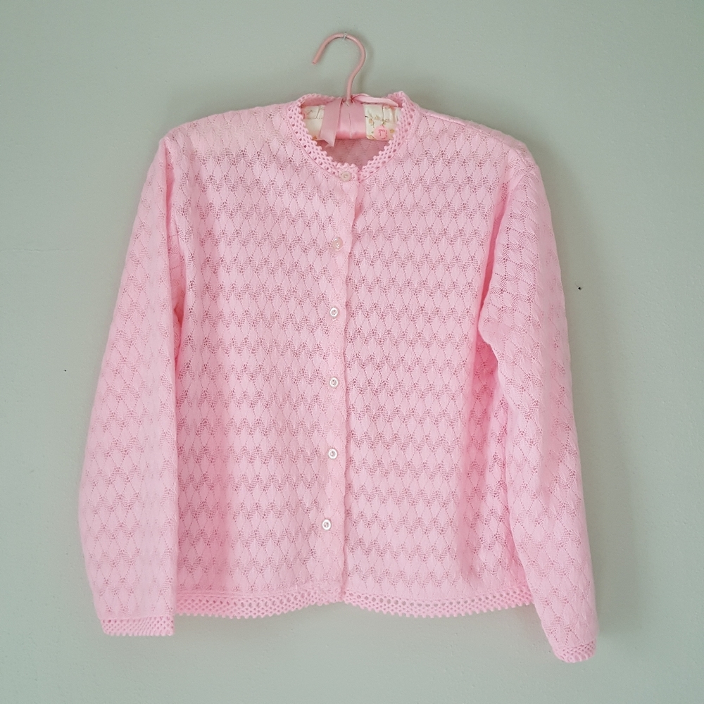 Vintage Mid Century Pink Pointelle Cardigan Sweater